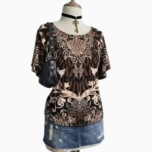 Vintage y2k Flutter Sleeve Top Black Brown SMALL Stretchy Tuscan Style Blouse